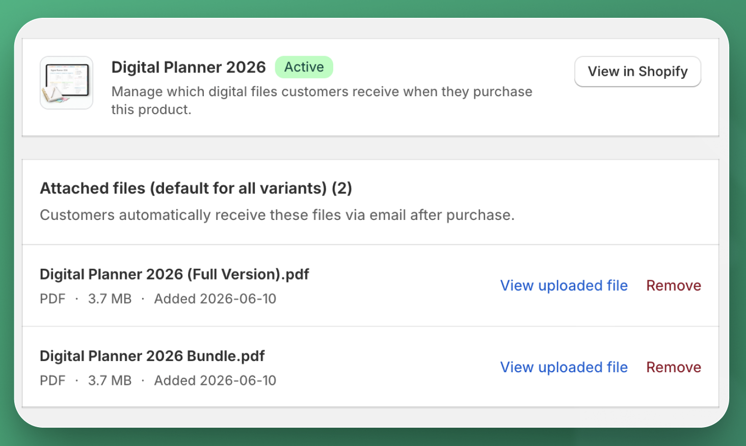 Product page showing digital files attached to a Shopify product