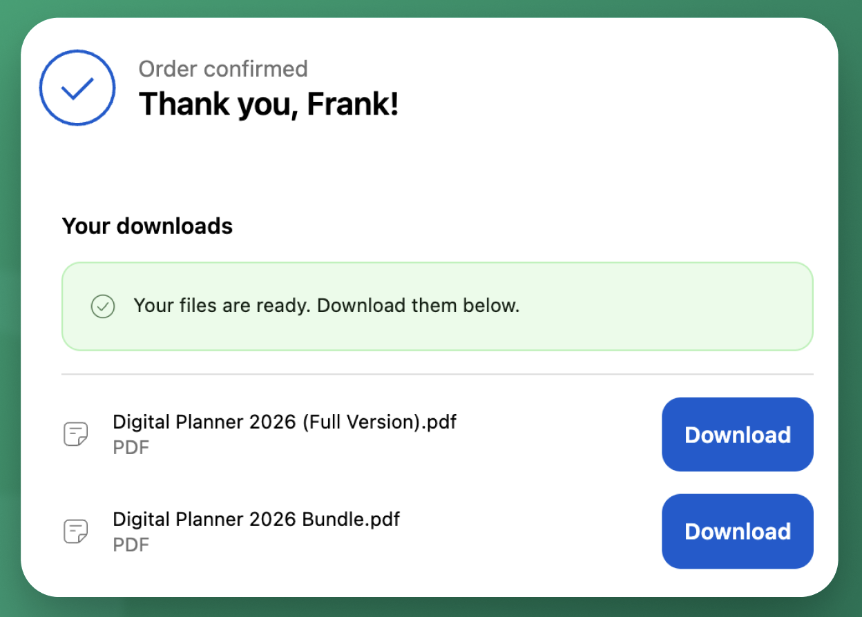 Customer download links displayed on the Shopify order confirmation page