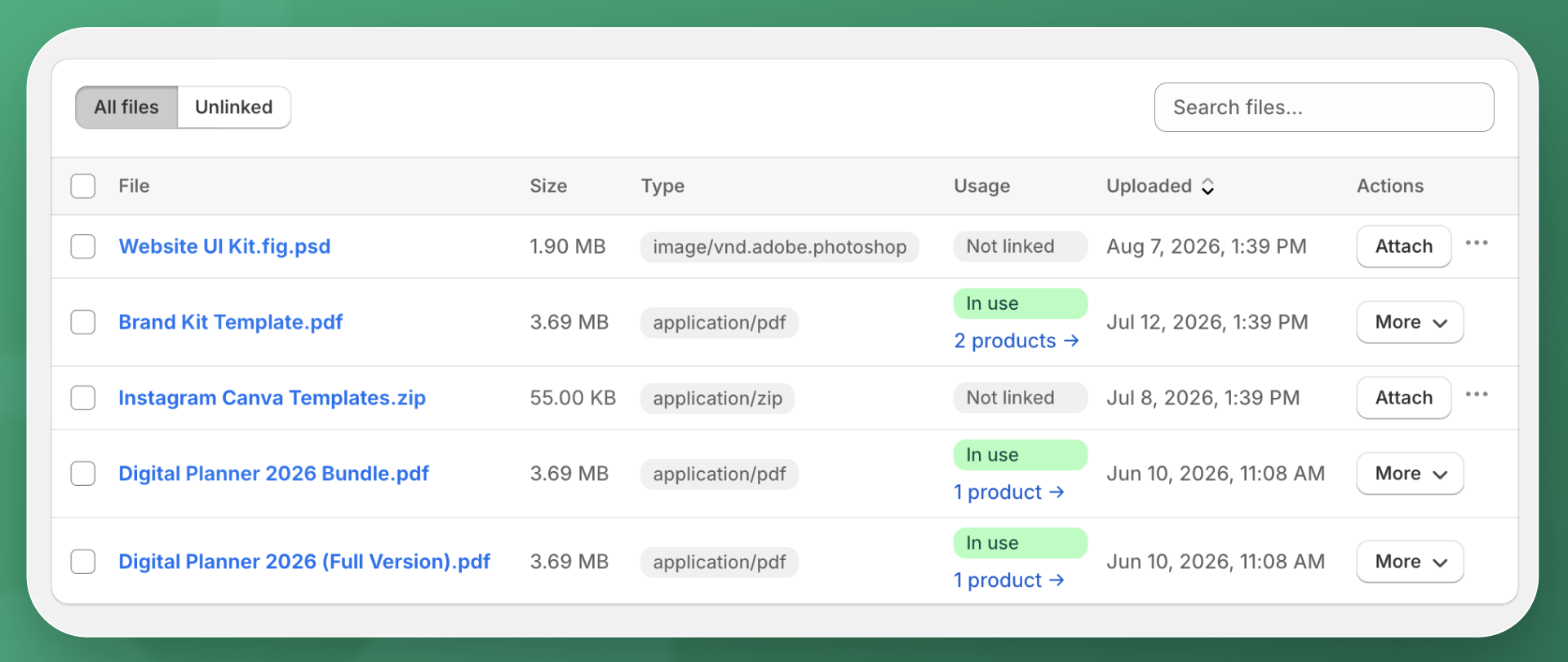 File management screen showing uploaded digital products in Granted Assets